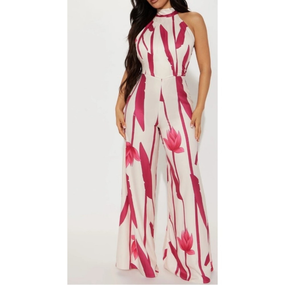 Fashion Nova Ava‎ Leida Tropical Jumpsuit Sz XS White Pink Open Back Fully Lined